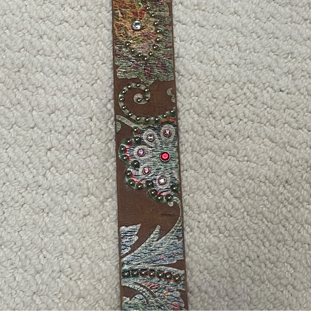 Noona Belt Co. Genuine leather bling rhinestones embroidery belt size S brown